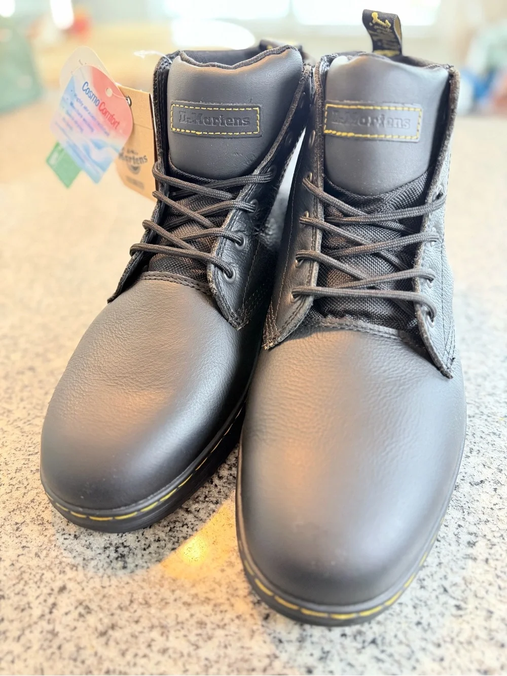 Dr. Martens Black Leather Lace-Up Ankle Boots with Yellow Stitching